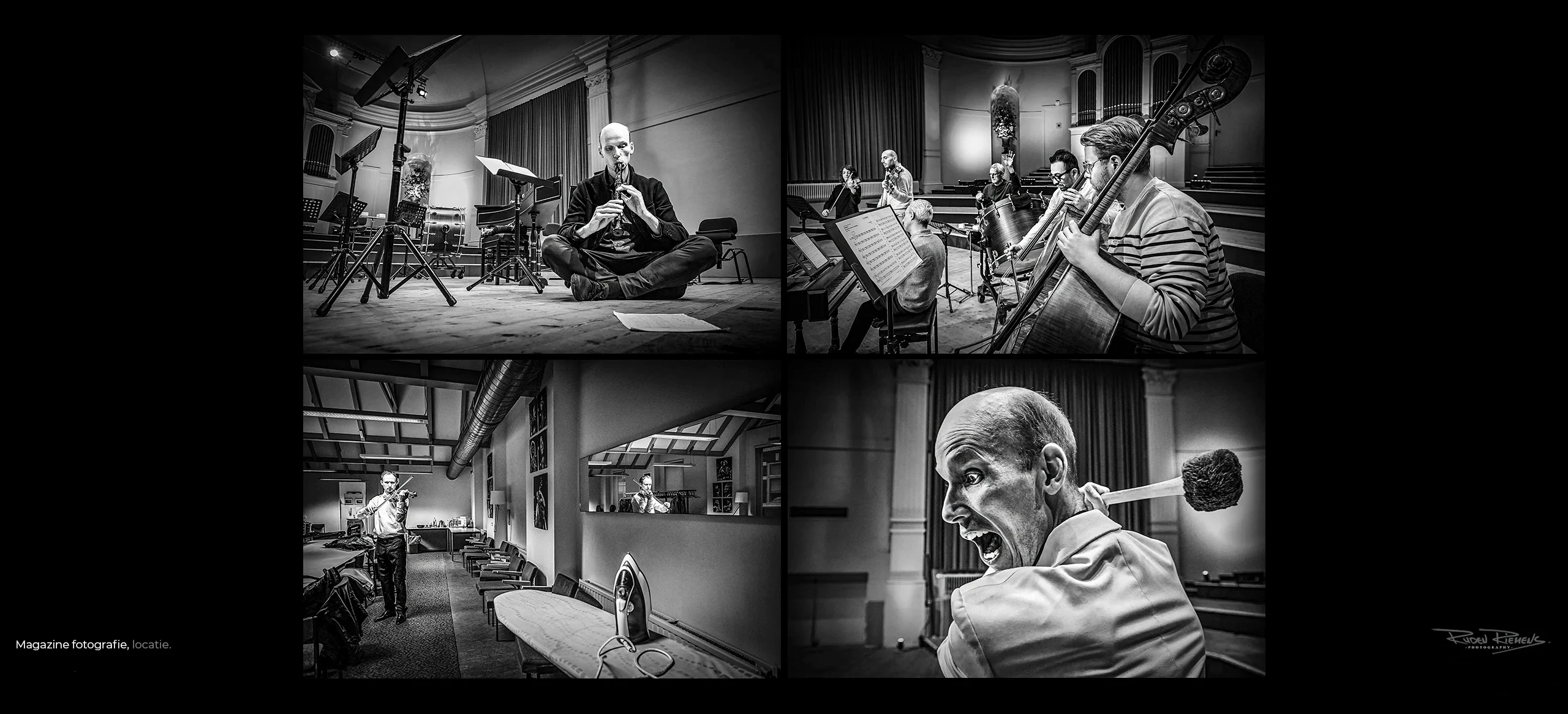 Fotoreportage van Ruden Riemens van de repetitie van blokfluitblazer Eric Bosgraaf met de Philharmonie Zuid Nederland in de Concert- en Gehoorzaal te Middelburg, gepubliceerd in magazine deKlank.